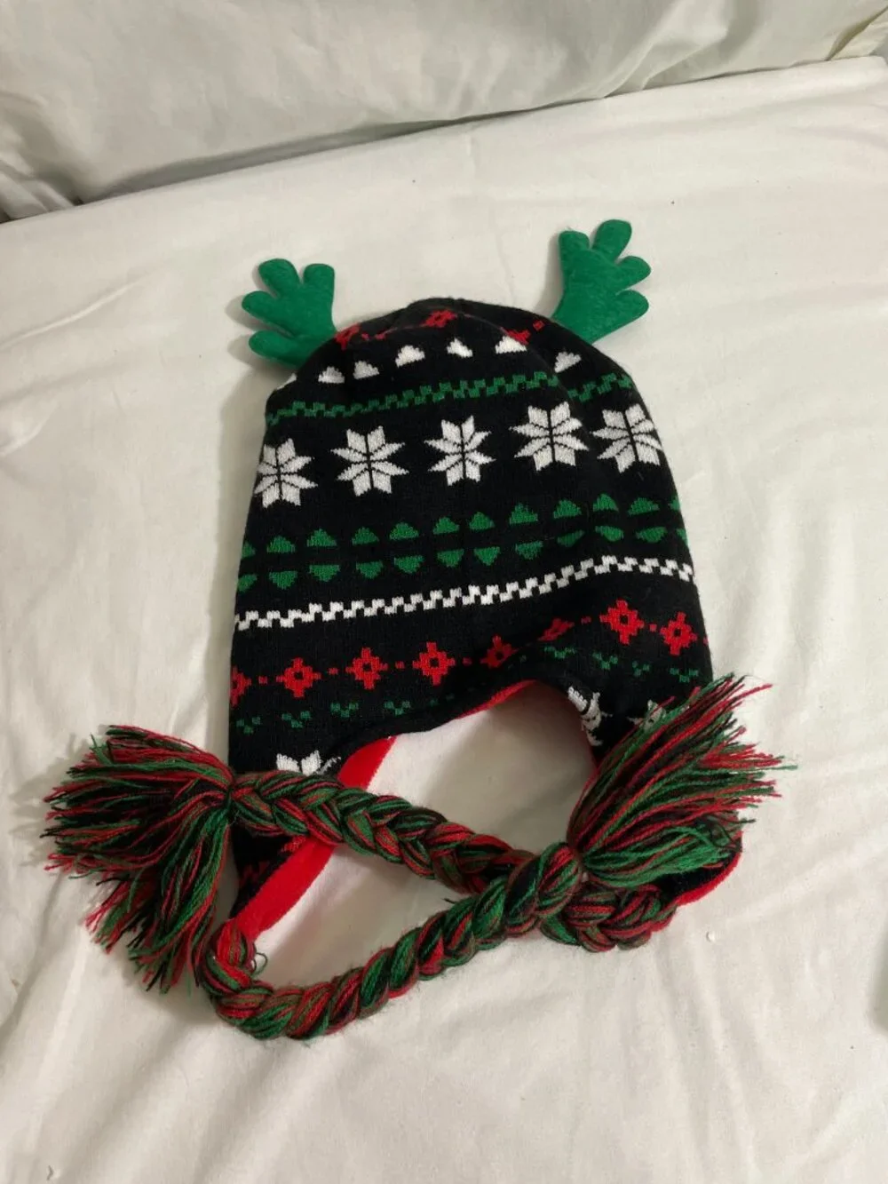 Christmas Reindeer Antler Ear Flap Knit Hat Braided Tassels Fleece Lined OSFM